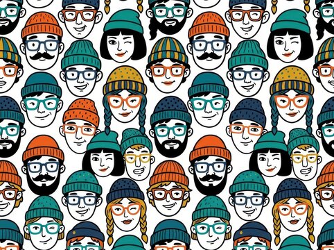 Seamless pattern with diverse people faces wearing beanies and glasses, handdrawn vector illustration