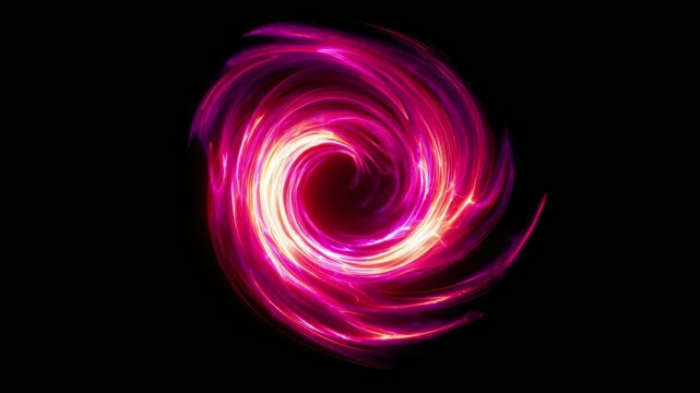 Abstract neon light spiral vortex on black background, seamless loop, digital stop motion animation