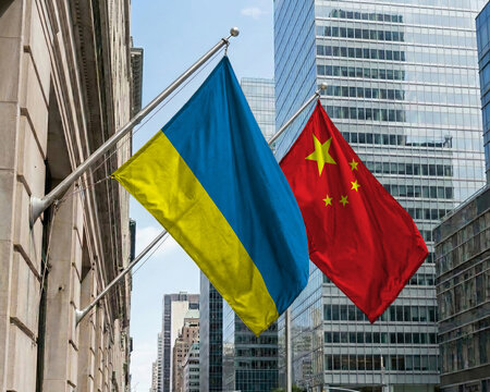 kraine and China crossed national flags waving against a blue sky, representing bilateral relations and diplomacy. 3D illustration.