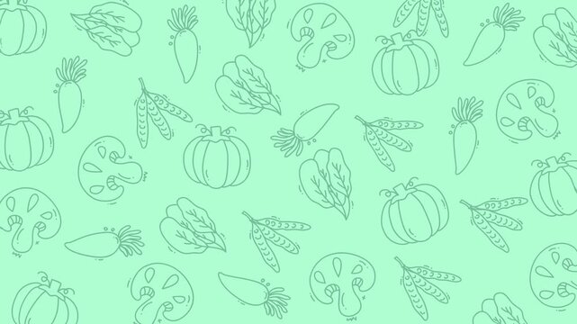 Animated vegetable doodle pattern hand drawn sketches background, smoothly moving in seamless looping animation