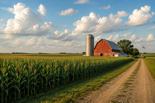 Corn field leading to red barn and silo, American farm and agriculture concept