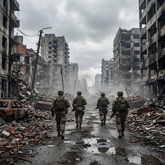 Obraz premium Group of Soldiers Walking Through a War Torn City Filled With Rubble Smoke and Ruins