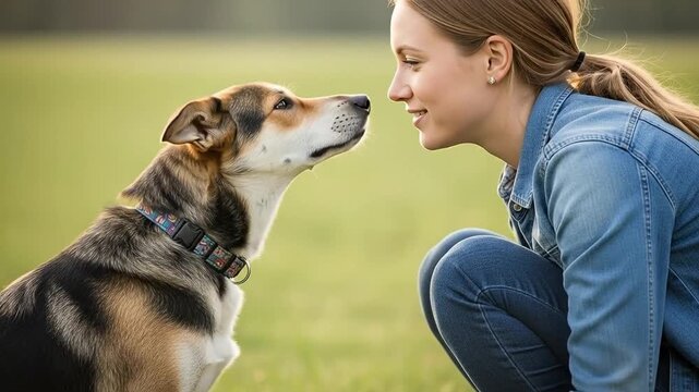 Happy young woman touching noses with her cute mixed breed dog outdoors in a park, representing friendship, loyalty, and pet care