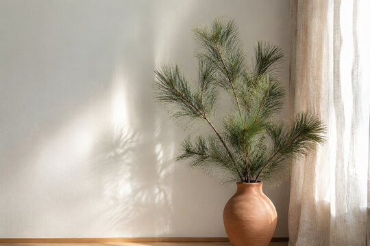 Longleaf pine branches in terracotta urn by linen curtain, natural home decor concept