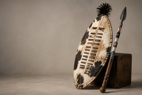 Zulu-inspired hide shield and beaded spear on studio surface, African heritage and cultural craft concept