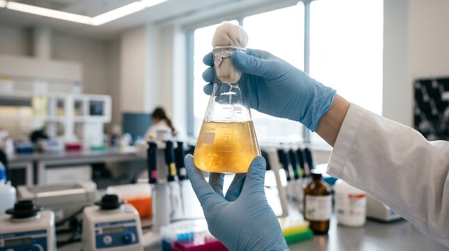 Scientist analyzing chemical solution in conical flask inside professional laboratory with laboratory chemistry experiment research scientist analysis chemical solution pharmaceutical