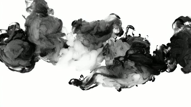 Abstract black and white ink cloud swirl in water on white background, digital animation, seamless loop