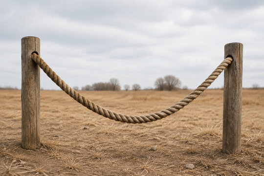 Thick manila rope hanging slack between wooden posts in dry field, tension and pause concept
