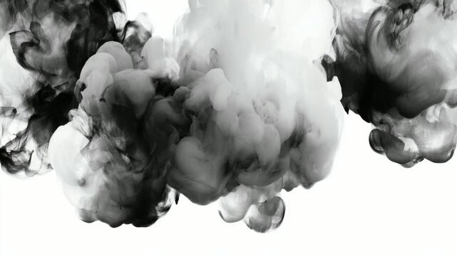 Abstract black and white ink clouds swirling on white background, background animation seamless loop
