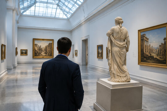 Museum visitor beside classical marble sculpture in gallery with artworks, art and culture concept