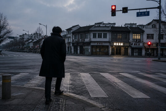 Impatient pedestrian waiting at crosswalk under red traffic light, urban street crossing moment