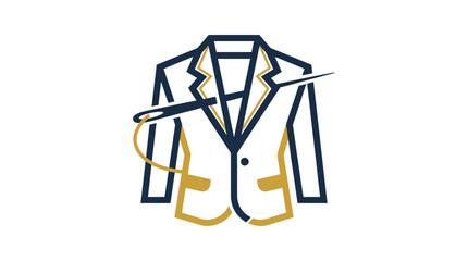 Obraz premium Professional Tailoring Service Logo Featuring a Stylish Blazer Jacket Outline Pierced by a Sewing Needle and Thread for Custom Clothing Design