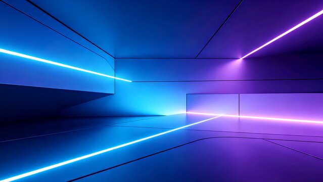 Minimalist futuristic interior room with sleek angular panels, glowing neon blue and purple light lines, smooth reflective surfaces, soft gradient illumination, clean modern sci-fi space design.