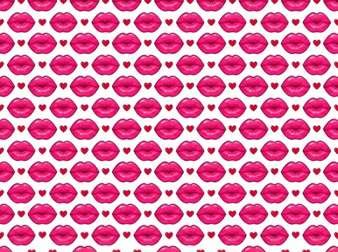 Seamless pattern with pink glossy lips and small hearts isolated on white background