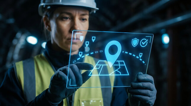 Female Engineer in Safety Gear Using a Futuristic Holographic Digital Tablet with Map Navigation in a Dark Industrial Underground Tunnel.
