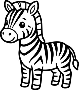 Cute cartoon zebra illustration, simple line art, black and white, isolated on white background.