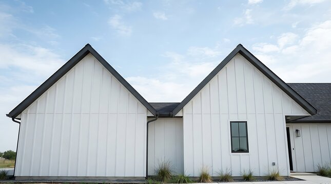 Side view of a modern farmhouse style house with white board and batten siding