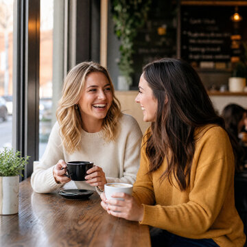 Two Friends Chatting and Laughing at Coffee Shop