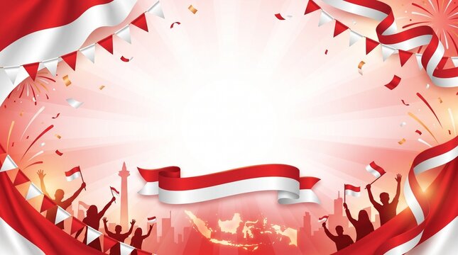 Indonesian Independence Day Celebration Background with Red and White Ribbon and Monas Silhouette