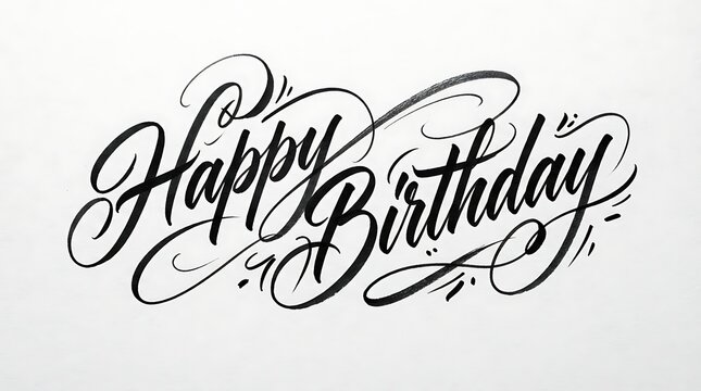 Happy birthday elegant script calligraphy with flourishes, isolated on white background
