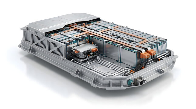 Electric vehicle battery pack assembly with lithium ion cells cooling system and structural enclosure in detailed 3D engineering illustration
