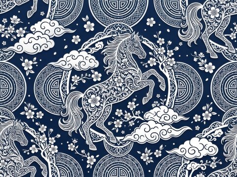 Seamless pattern with traditional chinese style horses, cherry blossoms, and clouds on a dark blue background