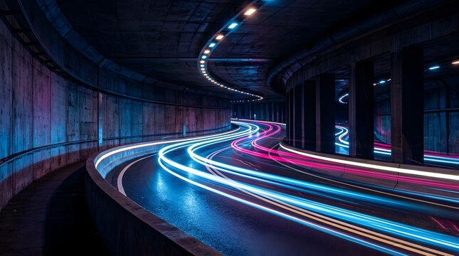 Futuristic light trail motion curves through a dark concrete urban