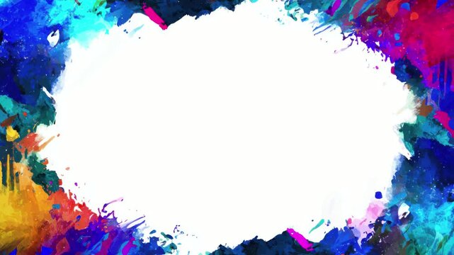 Colorful abstract paint splash border frame with empty center copy space for text overlay, hand drawn digital stop motion animation seamless loop