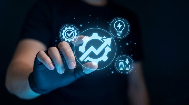 Business Process Optimization Concept with Professional Hand Touching Digital Interface showing Growth Innovation Efficiency and Cost Reduction Icons