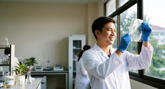 Smiling scientist in lab coat inspecting transparent sample near window smart waste management research in bright laboratory