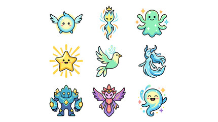 Fototapeta premium Magical ethereal creatures and celestial spirit character icons.