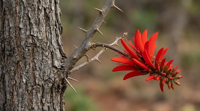 Vibrant red blossoms of the erythrina caffra coast coral tree showcasing sharp thorns and textured bark against a soft natural blurred background.