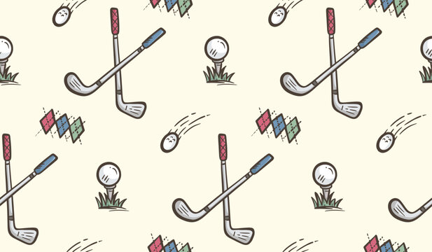 Golf doodle background. Golfer equipments pattern background. Golf club seamless pattern. Sport hand drawn seamless pattern of  ball, golf stick, field, grass.