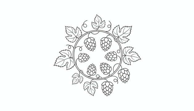 Intricate black and white line art illustration of a hop vine arranged in a perfect circular wreath for brewing or beer branding.