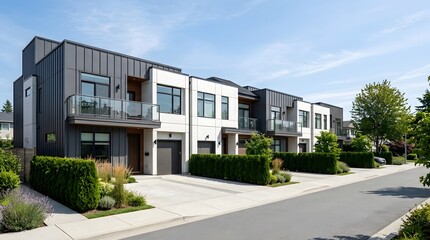 Fototapeta premium Modern residential townhouse complex with grey metal and concrete facade