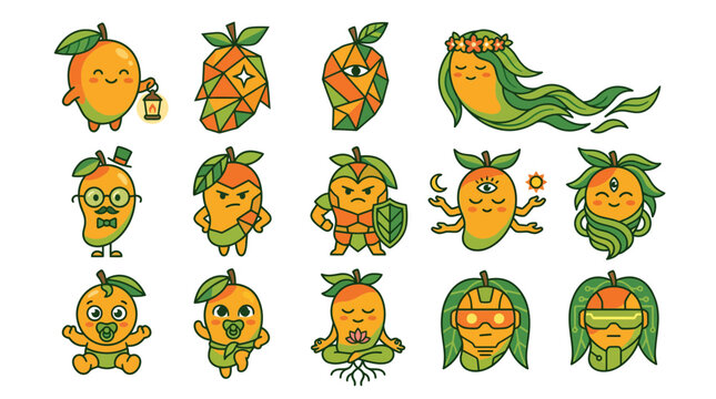 Set of cartoon mango fruit monster characters.