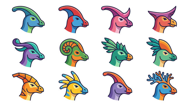 Set of colorful cartoon dinosaur head profiles.