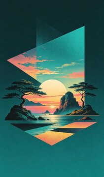 Minimal abstract illustration, turquoise glow and gem sunset colors, mirage imagery, asymmetrical composition, dark solid background
