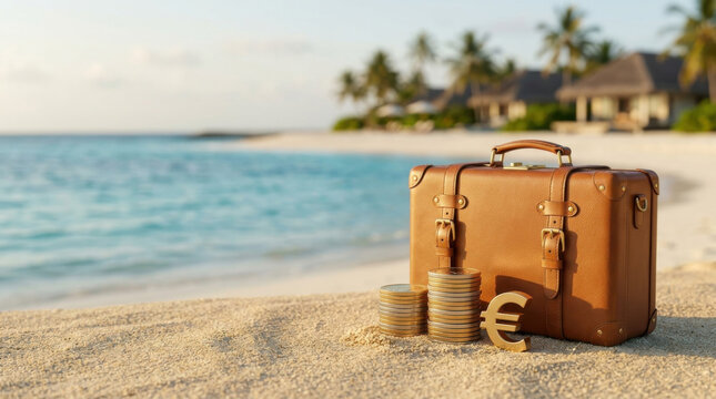 Vintage leather suitcase with stacks of coins and Euro symbol on tropical beach representing travel budget and vacation savings