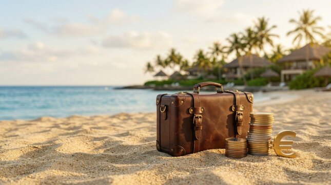 Euro currency symbol and coin stacks next to travel suitcase on sandy beach symbolizing vacation budget and retirement savings