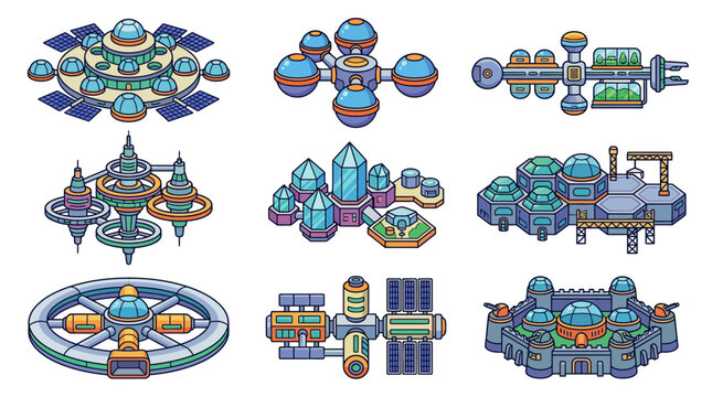 Set of pixel art space stations and futuristic orbital satellites.