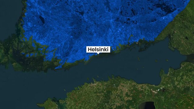 Helsinki highlighted on a satellite map showing northern Europe motion footage