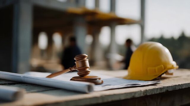 Construction Site Legal Justice Gavel and Hard Hat on Blueprint Documents