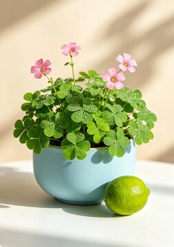 Healing fresh clover potted plant, light blue round pot, dewy leaves and pink flowers, high‑saturation green lemon beside, minimalist desktop still life