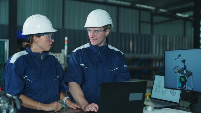 Male engineer advising female colleague on automated system development. Highlighting strategic planning, technology, and cooperation