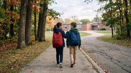 Obraz premium Two young students with backpacks walking towards school building in autumn season