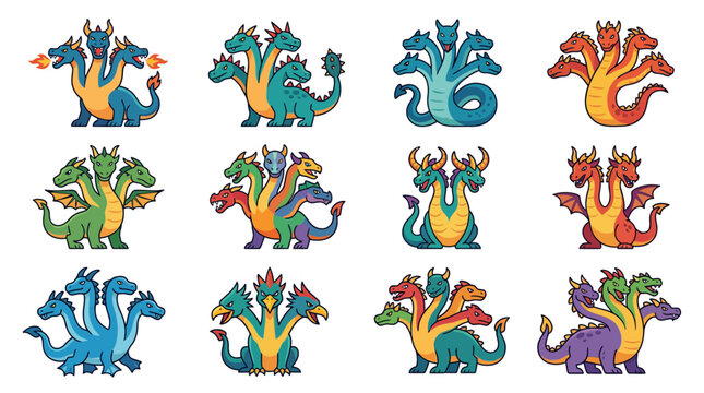 Twelve multi-headed cartoon hydra dragon illustrations in a grid.