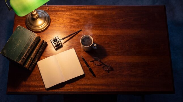 Late night study session on mahogany desk with books and lamp light
