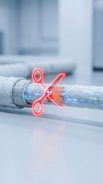 Ai hacking on cable cut, glowing cyber attack in clean data center