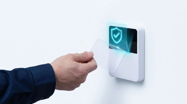 Occupational health safety card access reader with hand and security shield on white wall